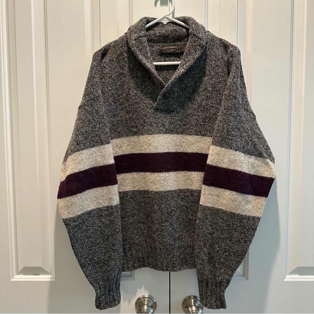 Eddie Bauer Vintage Men’s Wool Shawl Neck Striped Gray Sweater L